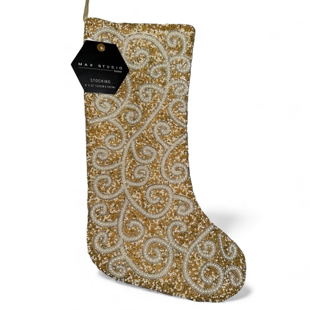 Max Studio Luxury Christmas Holiday Gold Beaded Pearl Embellished Stocking 22"